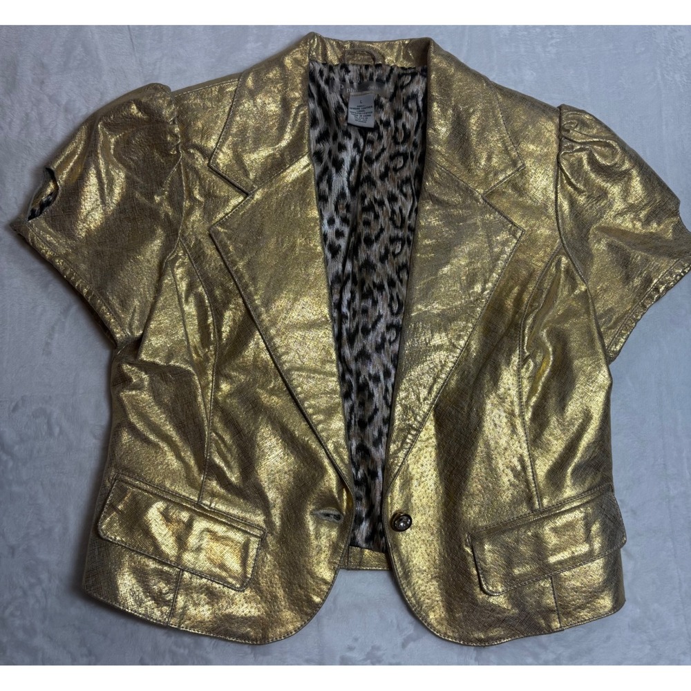 Phosphorus Leather Jacket Women Gold Excellent Metallic Short Sleeve Puff Large